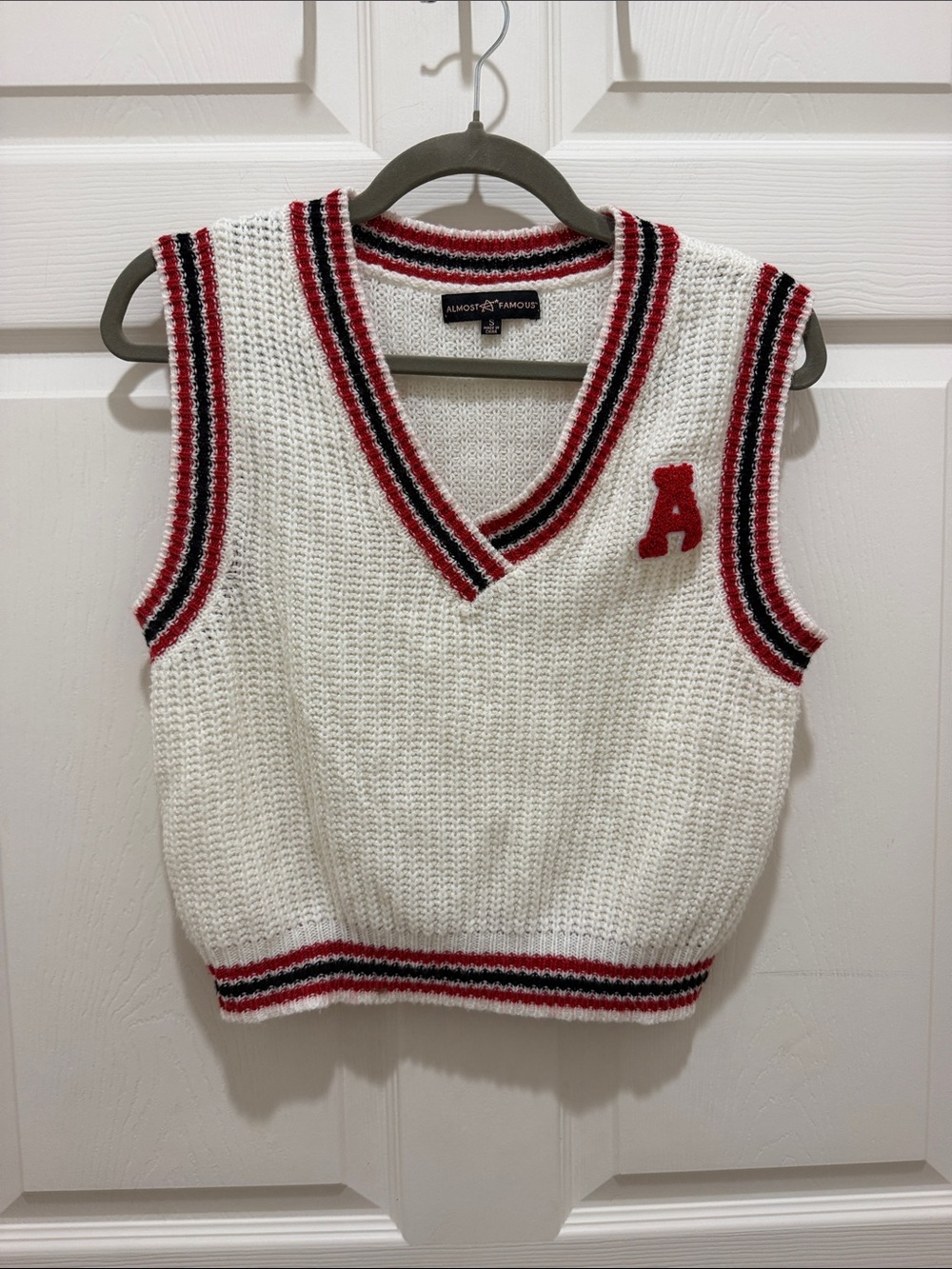 Almost Famous White Knit Sweater Vest with Red & Black Stripes - Small 90s / Y2K
